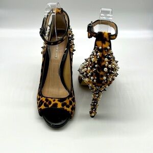 Gianni Bini - Cheetah Calf Hair With Pearls And Spikes Open Toe Heels Size 7